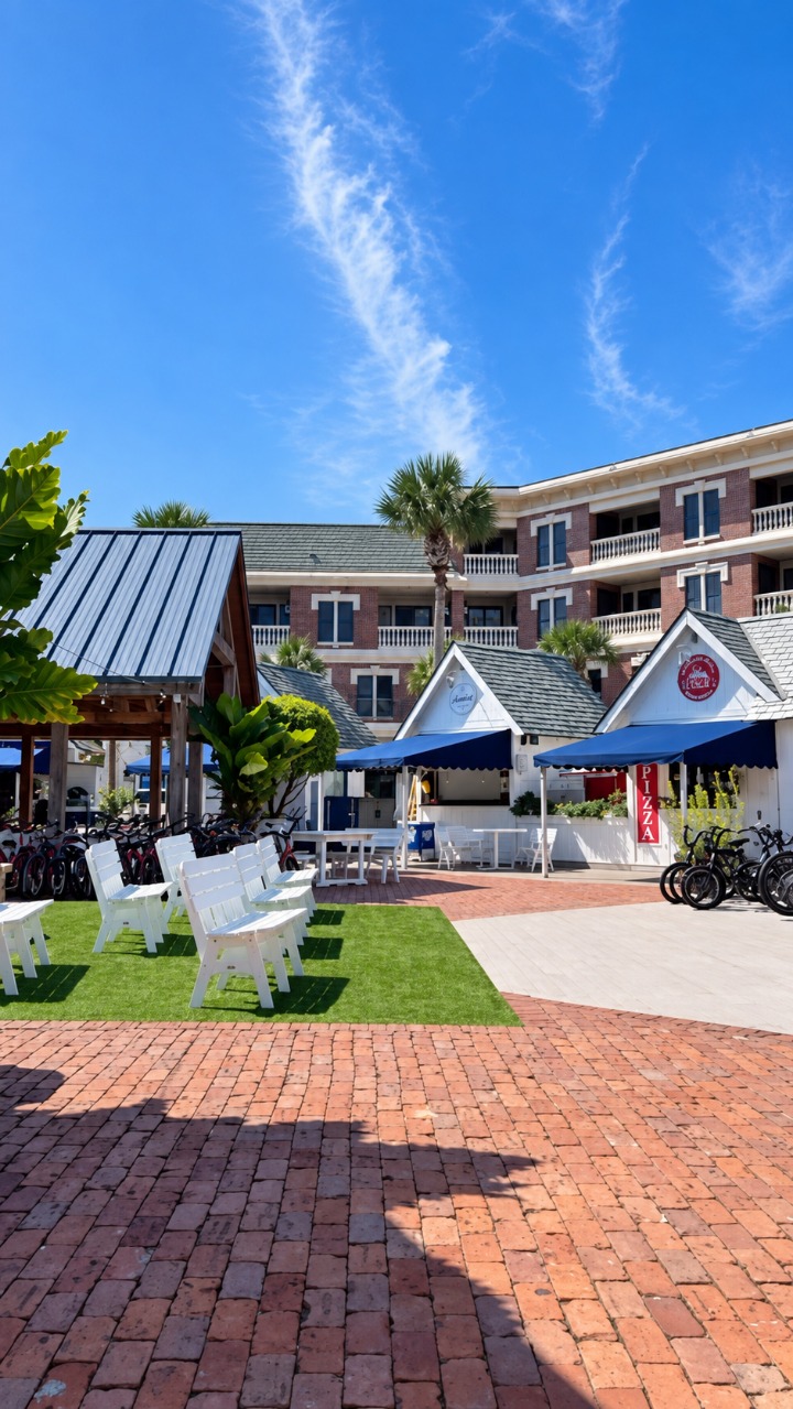 Brick courtyard, white chairs, bike racks, and vendor buildings at Peddler’s Pavilion in Seacrest Beach