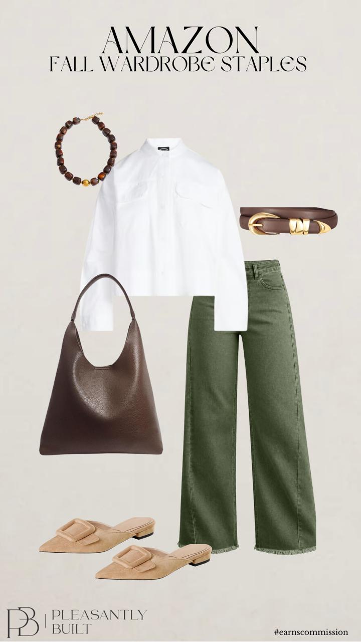 Fall outfit with a white button-down shirt, olive wide leg jeans, dark brown hobo bag, brown belt, beaded necklace, and tan buckle mules