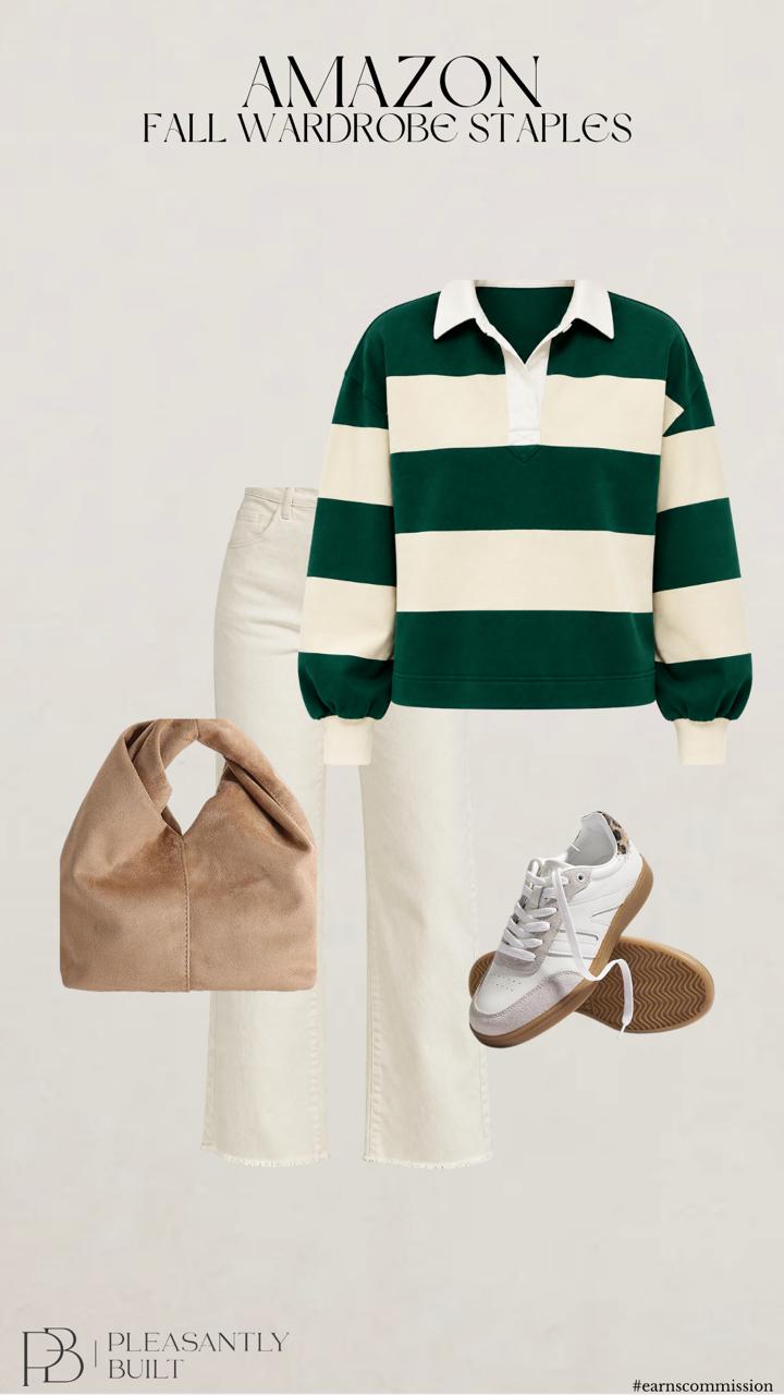 Casual fall outfit with a green and cream striped rugby shirt, cream wide leg jeans, tan suede bag, and cream gum sole sneakers