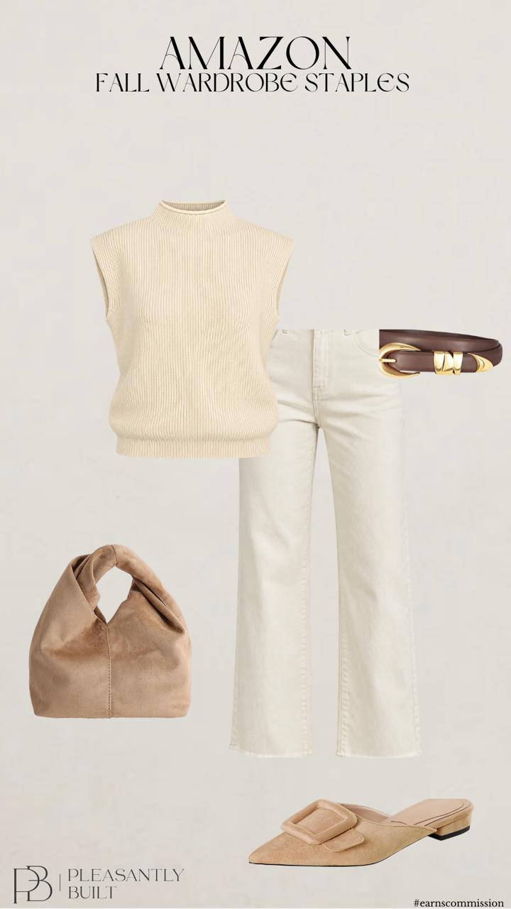 Neutral fall outfit with a cream mock neck sweater vest, cream straight leg jeans, brown and gold belt, tan suede bag, and tan buckle mules