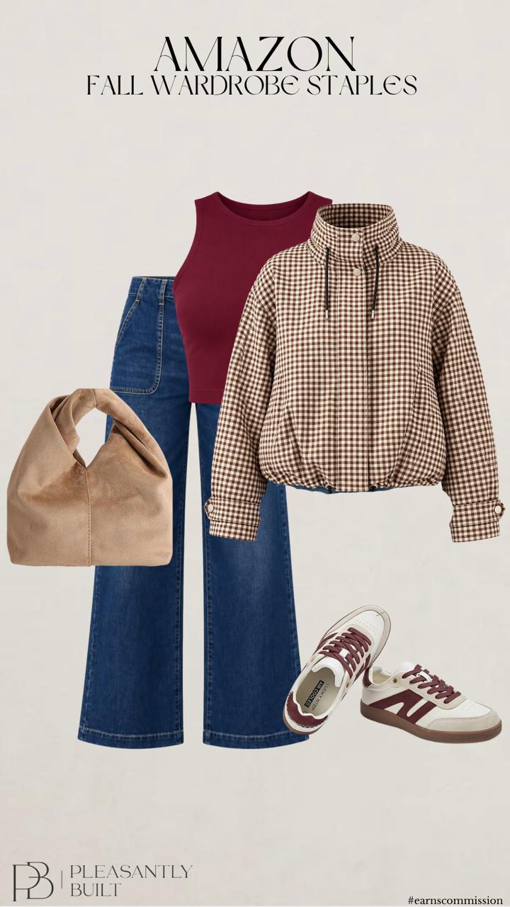Fall outfit with a burgundy tank, blue wide leg jeans, brown checked cropped jacket, tan suede bag, and cream sneakers with burgundy accents