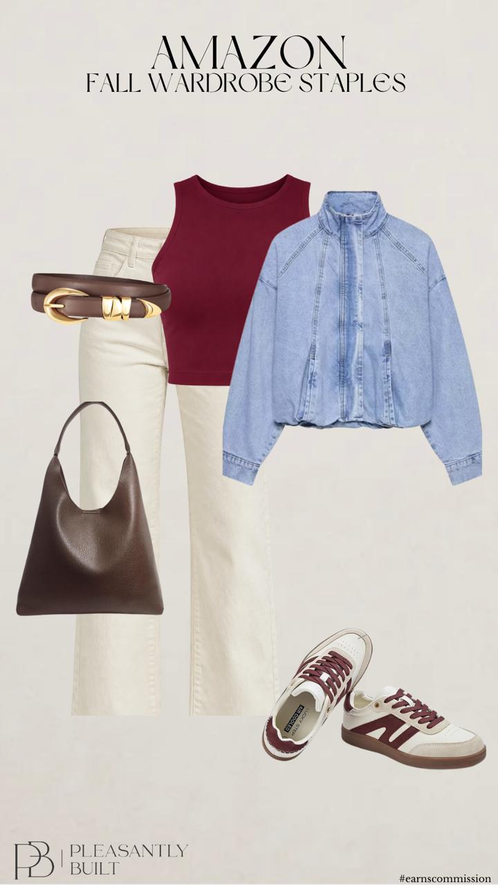Fall outfit with a burgundy tank, cream straight leg jeans, light wash cropped denim jacket, dark brown hobo bag, brown belt, and cream sneakers with burgundy accents