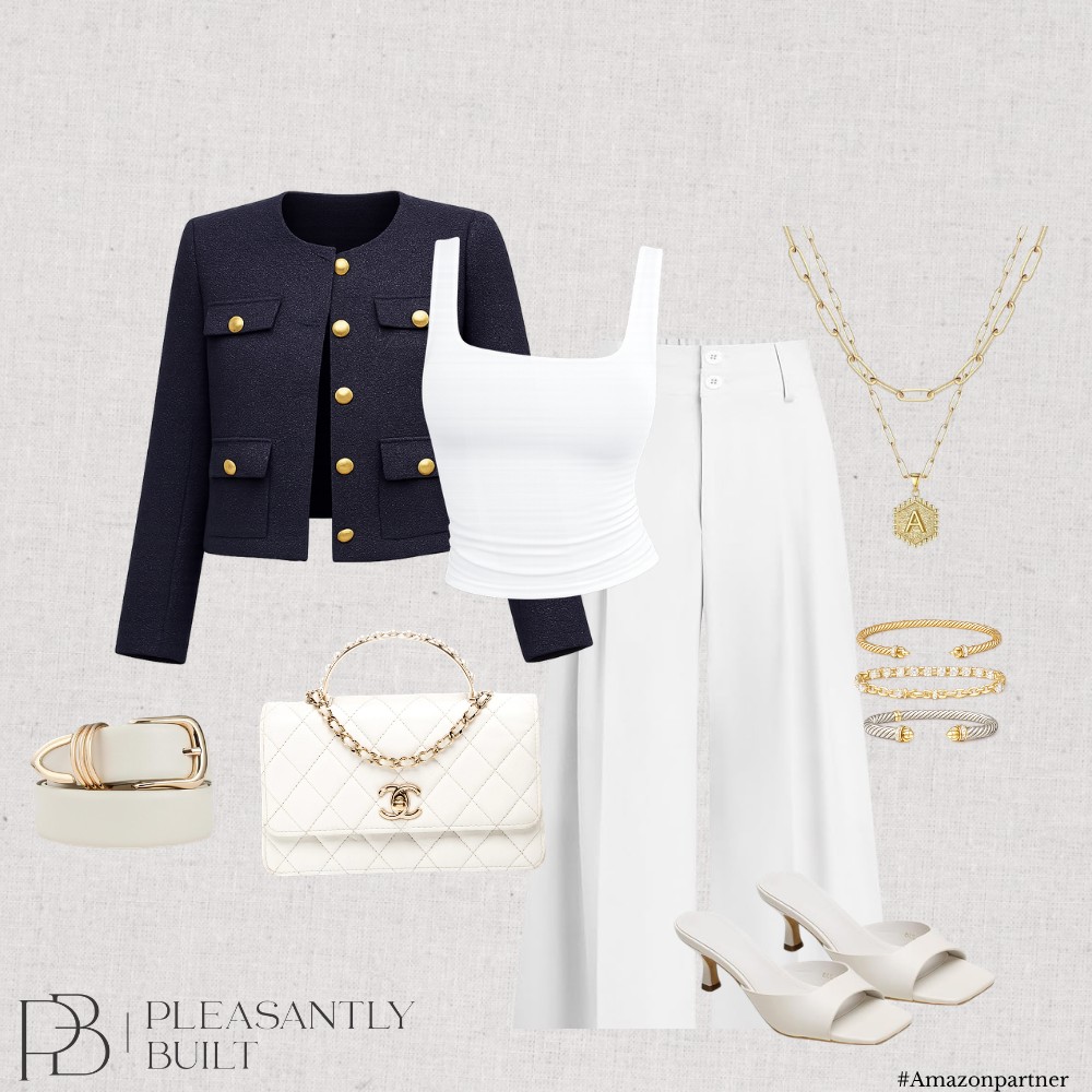 Navy jacket, white tank and white trousers styled with neutral accessories