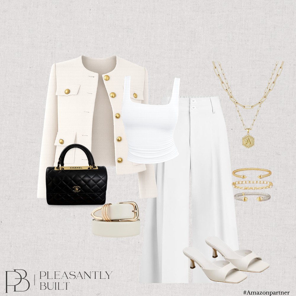 Cream jacket, white tank and white trousers styled with black and neutral accessories
