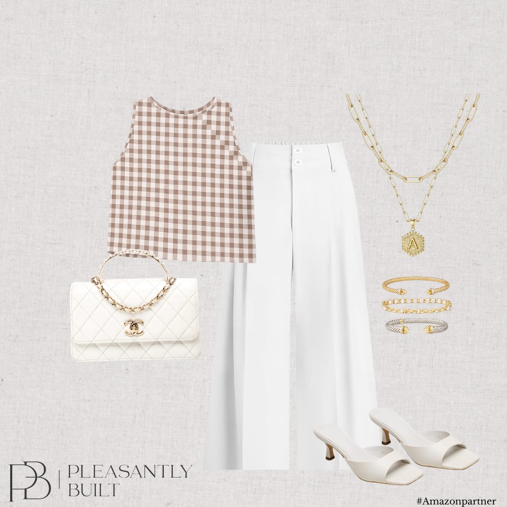 Neutral gingham tank and white trousers styled with gold jewelry and cream accessories