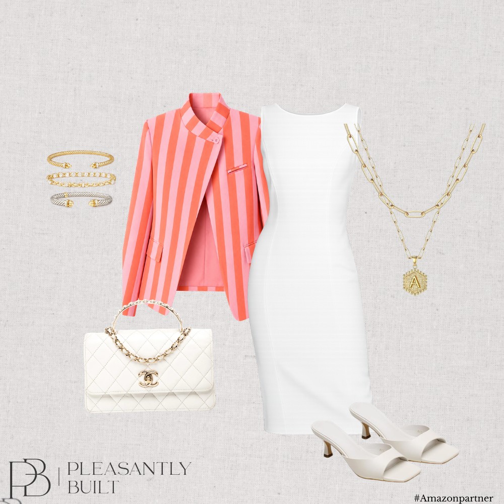 Coral striped blazer layered over a white dress with cream accessories