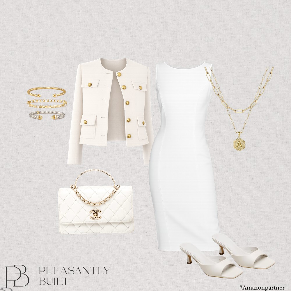 Ivory jacket layered over a white dress with cream and gold accessories