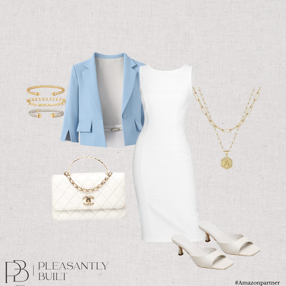 Light blue blazer layered over a white dress with cream accessories