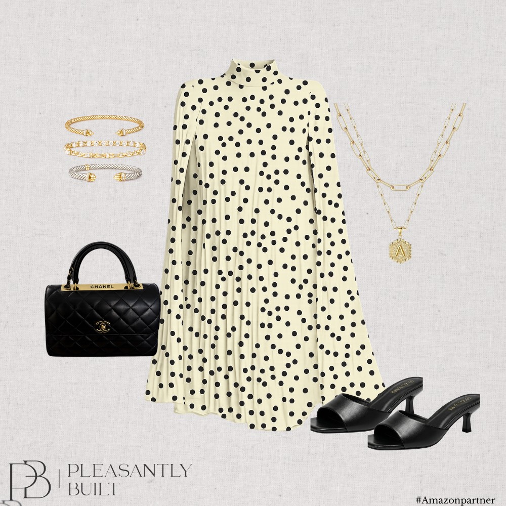Black polka-dot dress styled with black shoes and gold jewelry