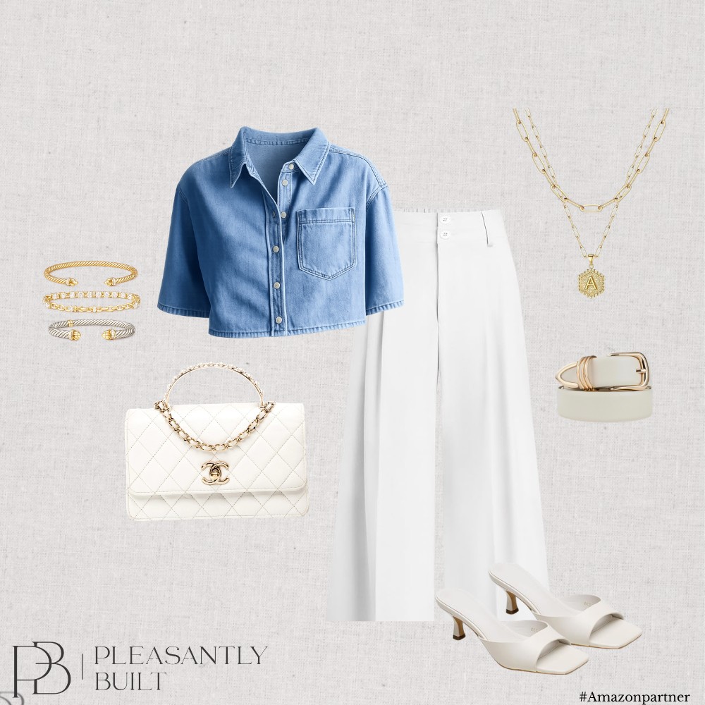 Denim short-sleeve shirt with white trousers and cream accessories