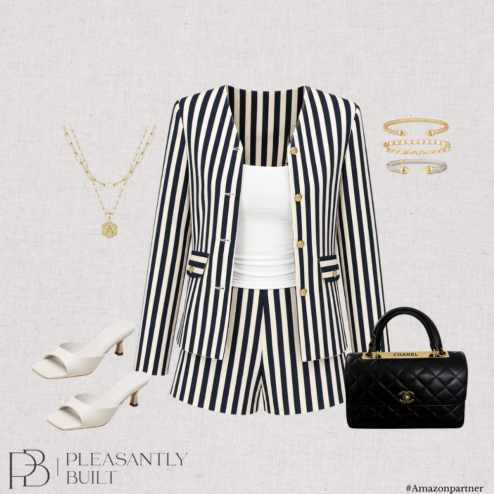 Navy striped blazer and shorts with a white tank and black accessories