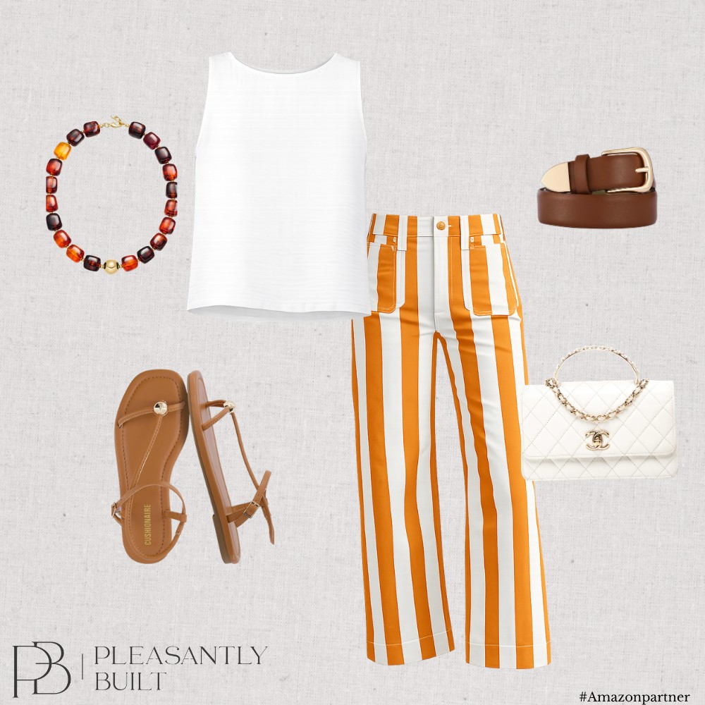 Orange striped trousers with a white tank and tan accessories