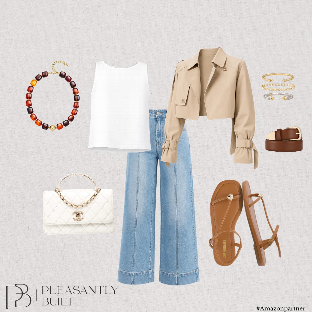 Cropped tan jacket with a white tank, wide-leg denim and tan sandals
