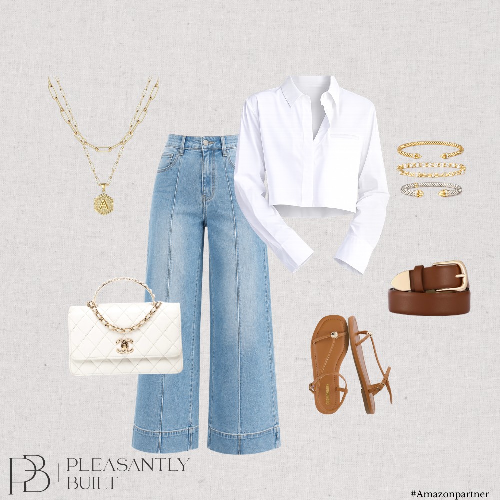 Cropped white shirt with wide-leg denim and tan accessories