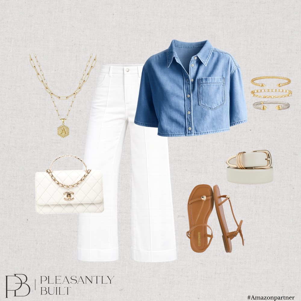 Denim short-sleeve shirt with white trousers and tan accessories